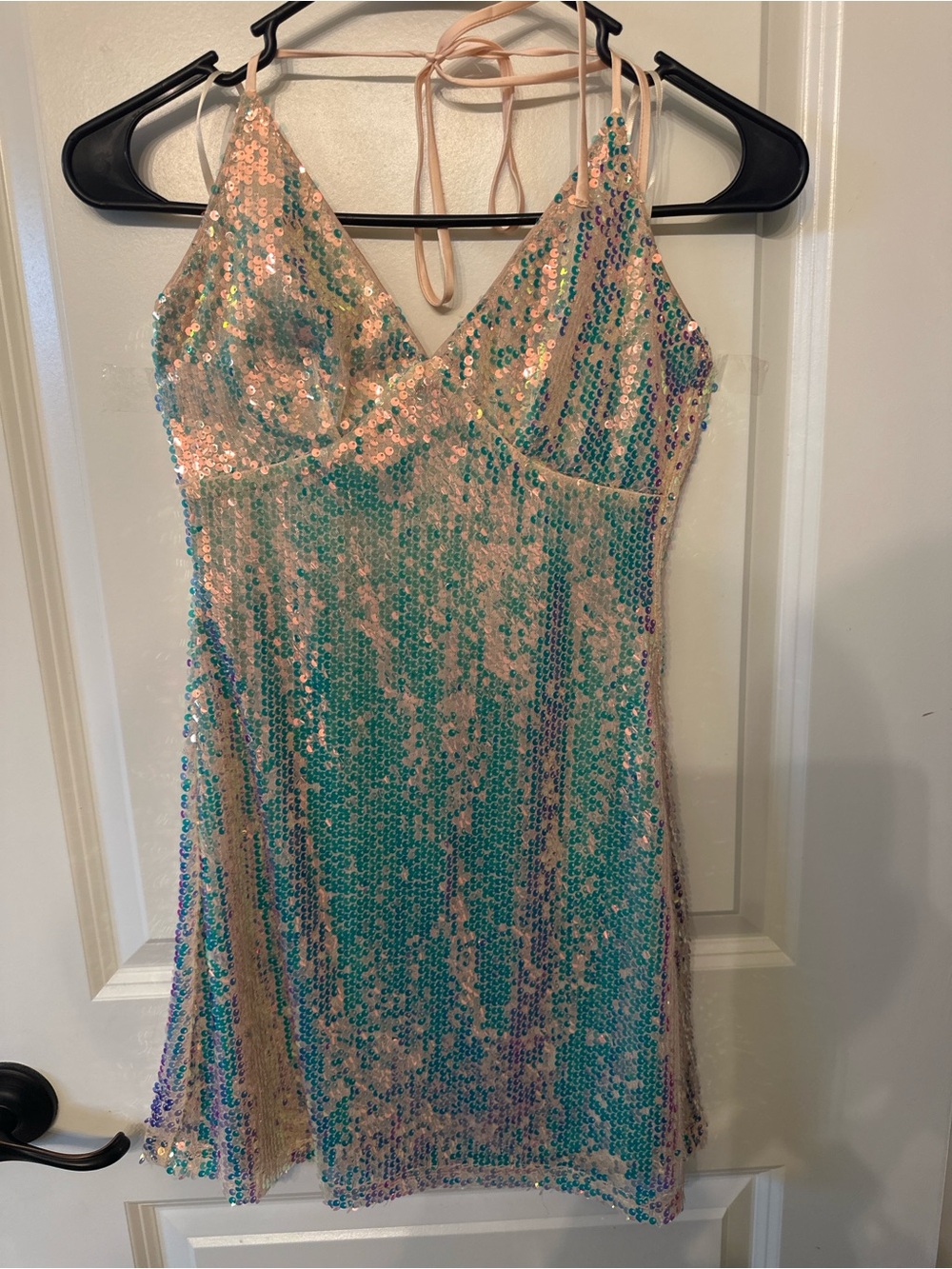 Hello Molly Iridescent Teal and Nude Sequin Mini Dress